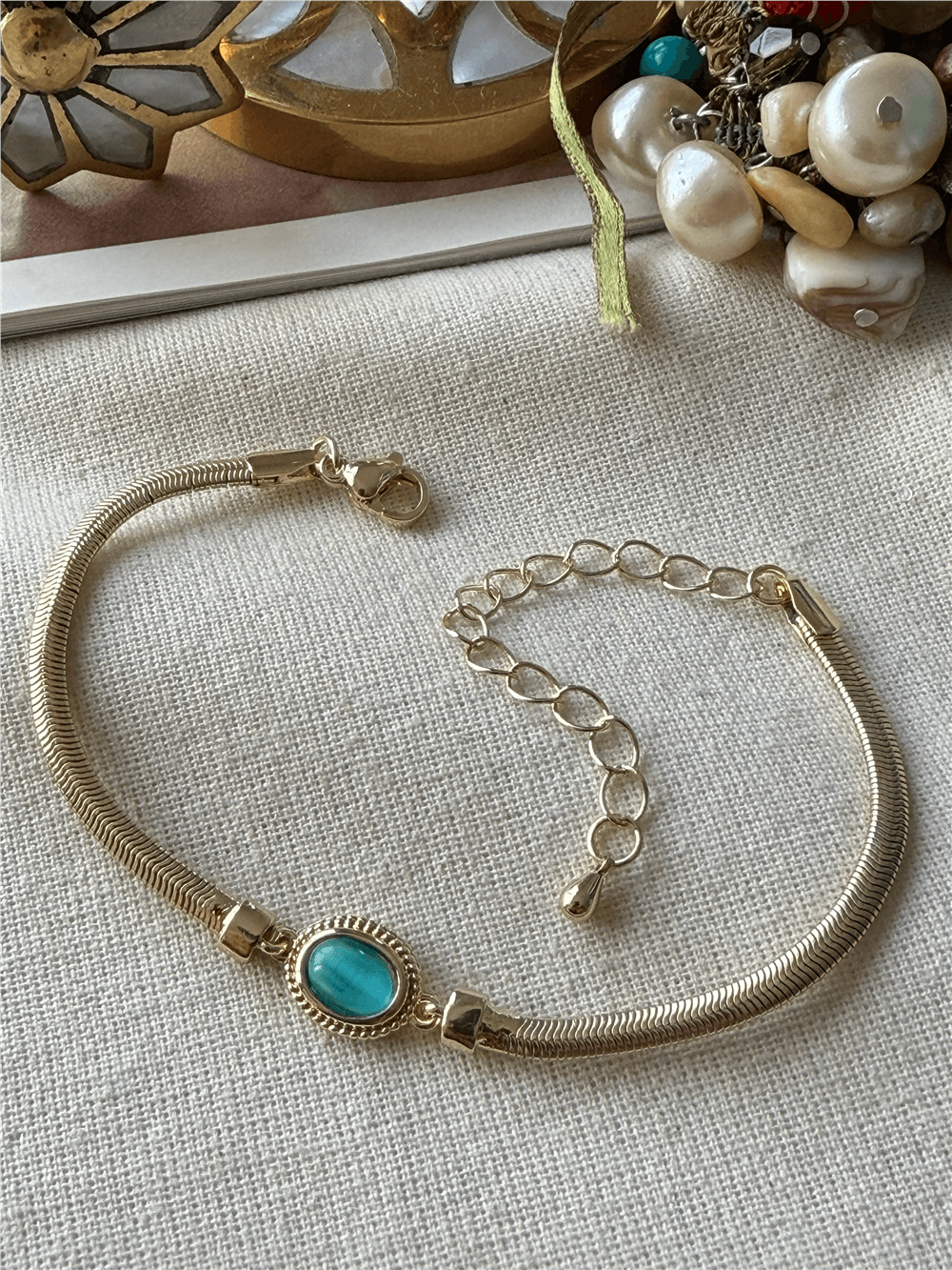 14K Oval Turkuaz Taşlı Worm Bileklik