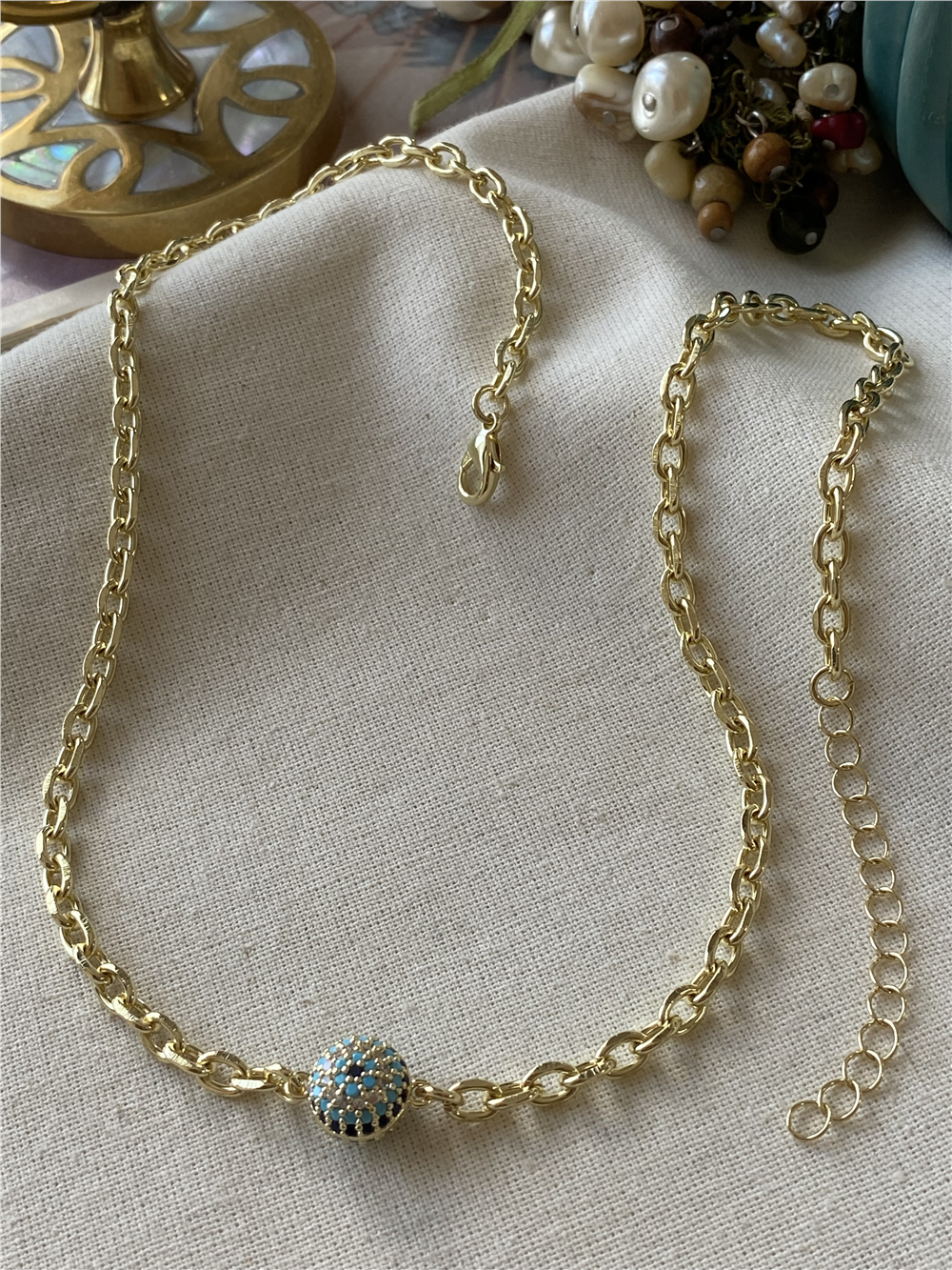 14K Oval Zincirli Göz Boncuk Kolye
