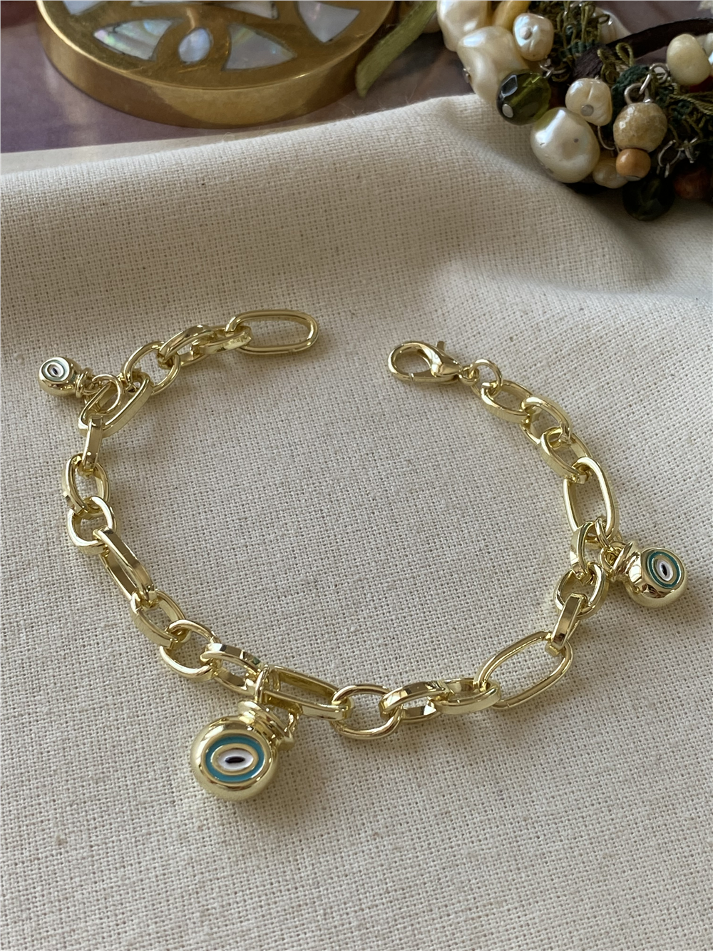 14K Oval Zincirli Nazar Charmlı Bileklik