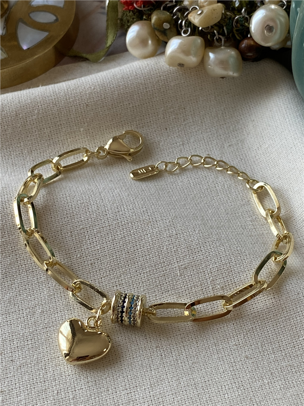 14K Silindir Detaylı Kalpli Oval Zincir Bileklik