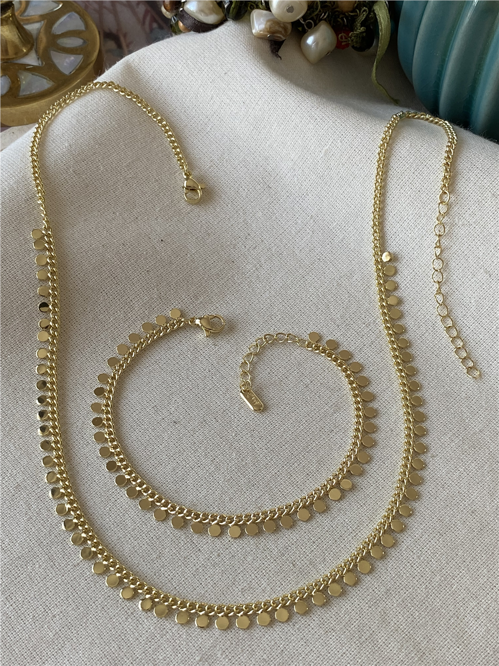 14K Sıralı Mini Pul Kolye ve Bileklik Seti