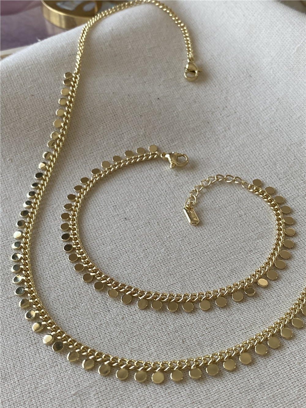 14K Sıralı Mini Pul Kolye ve Bileklik Seti