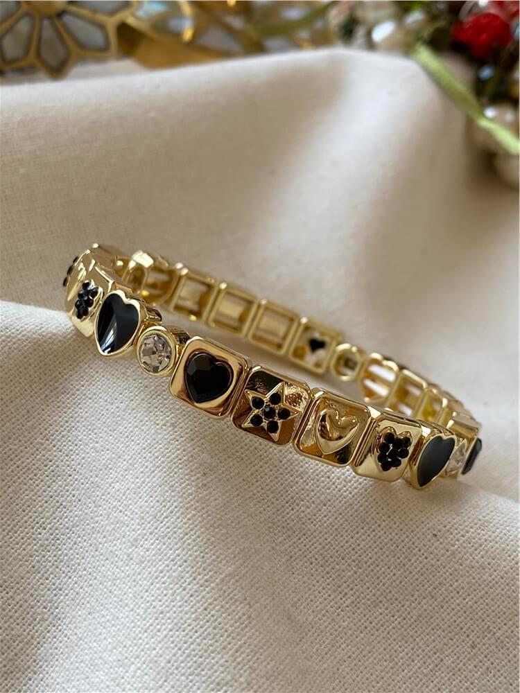 14K Siyah Yıldız ve Kalp Desenli Esnek Bileklik