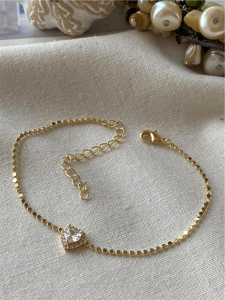 14K Taşlı Kalp Detaylı Ezme Bileklik