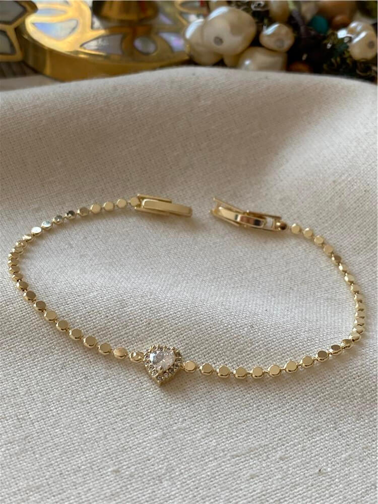 14K Taşlı Kalp Detaylı Ezme Bileklik