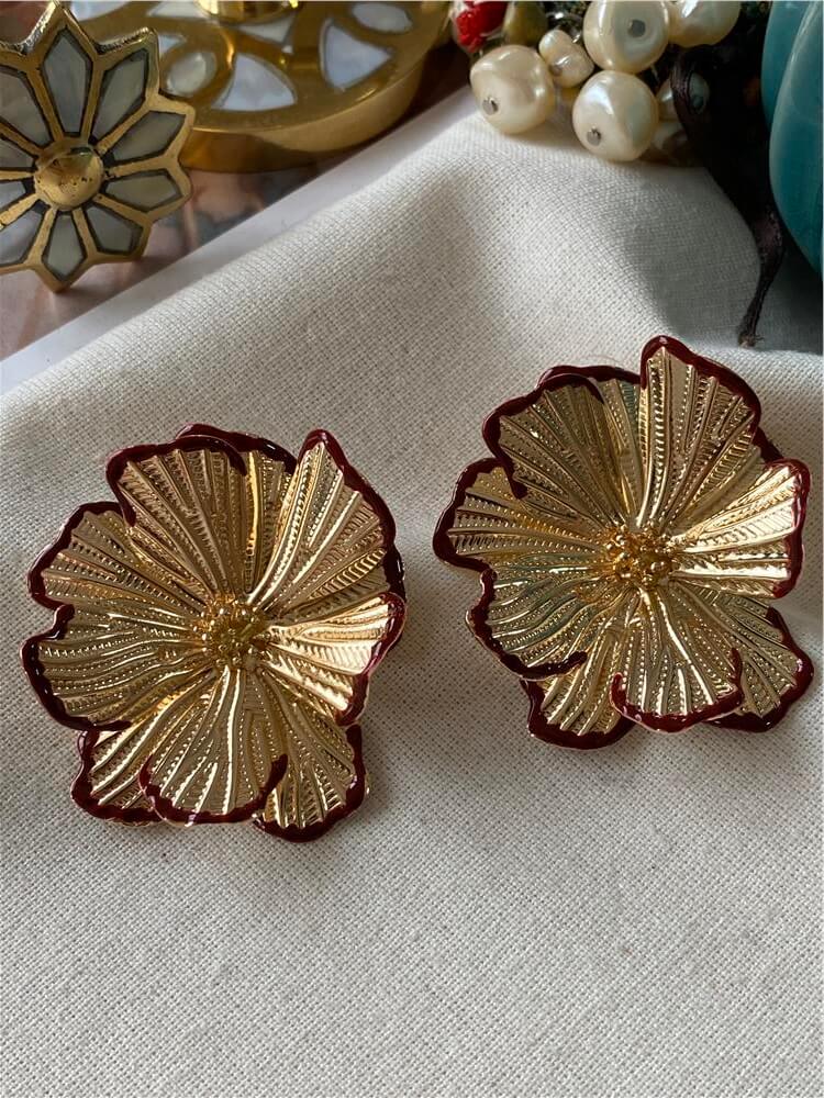 Bordo Mineli Metal Çiçek Küpe
