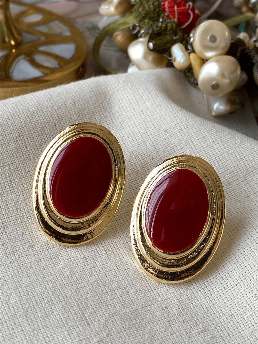 Bordo Mineli Oval Plaka Küpe