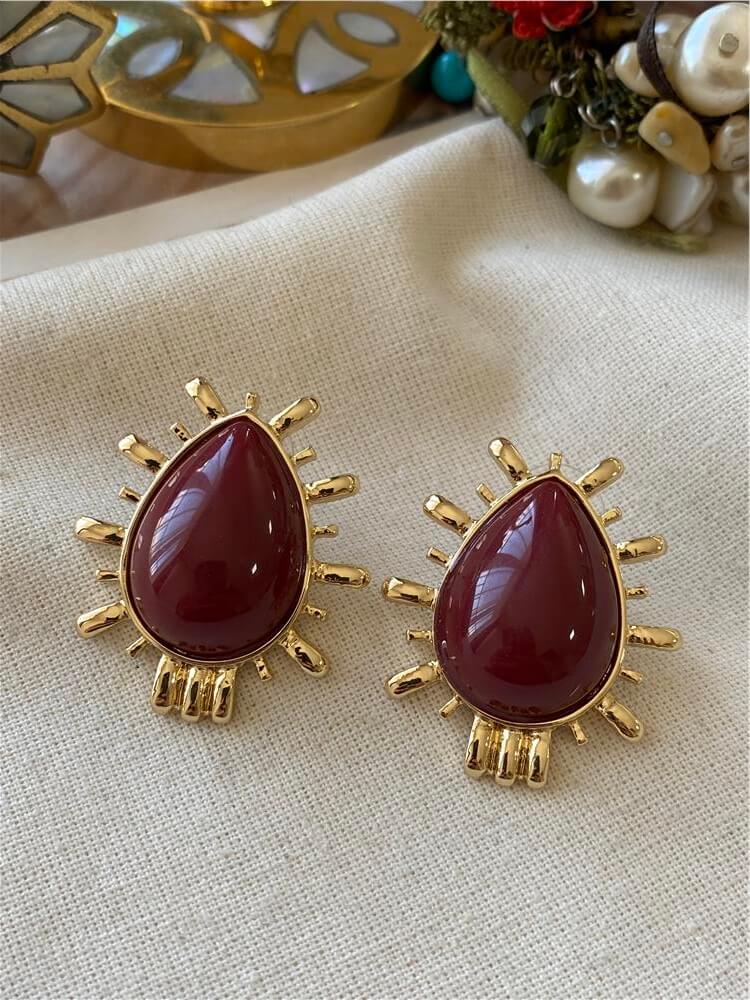 Bordo Taşlı Damla Model Küpe