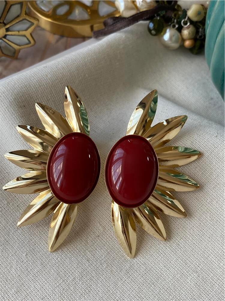 Bordo Yarım Metal Çiçek Küpe