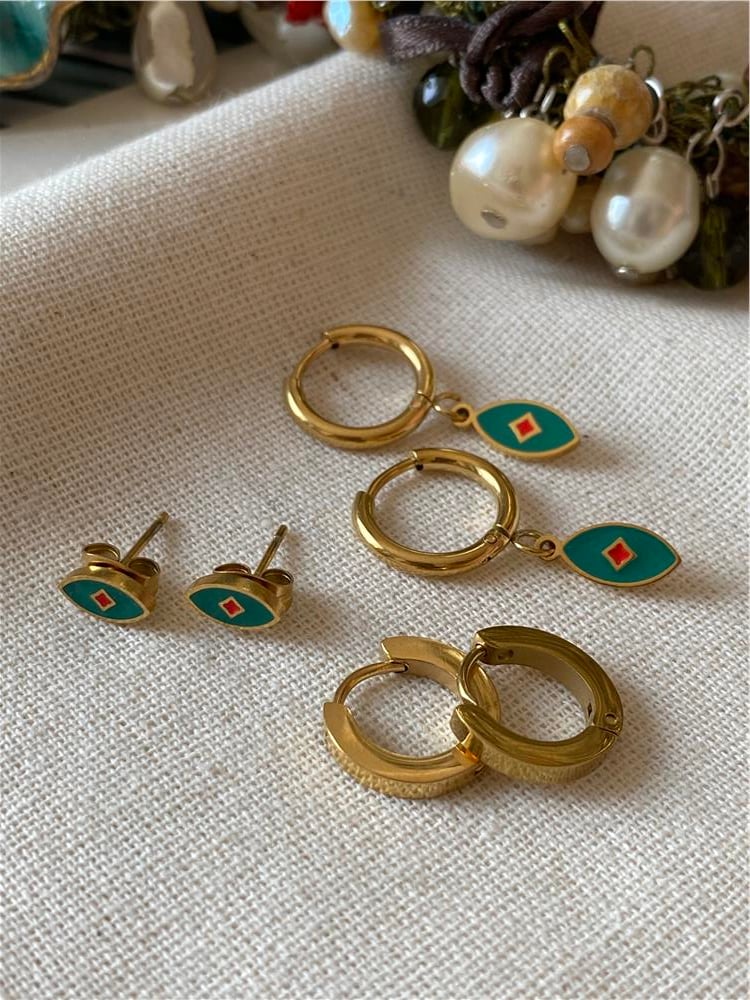 Çelik Altılı Yeşil Turuncu Oval Küpe Seti