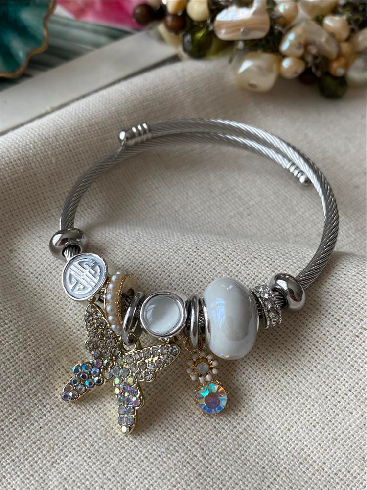 Çelik Beyaz Kelebek Charm Bileklik
