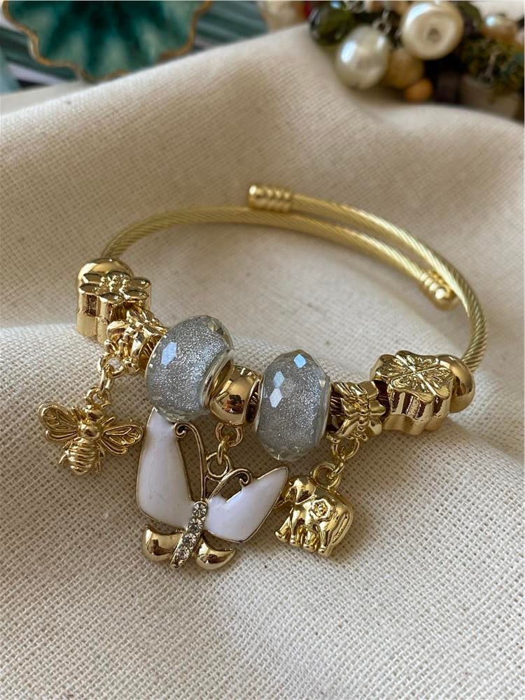 Çelik Beyaz Taşlı Büyük Kelebek Charm Bileklik