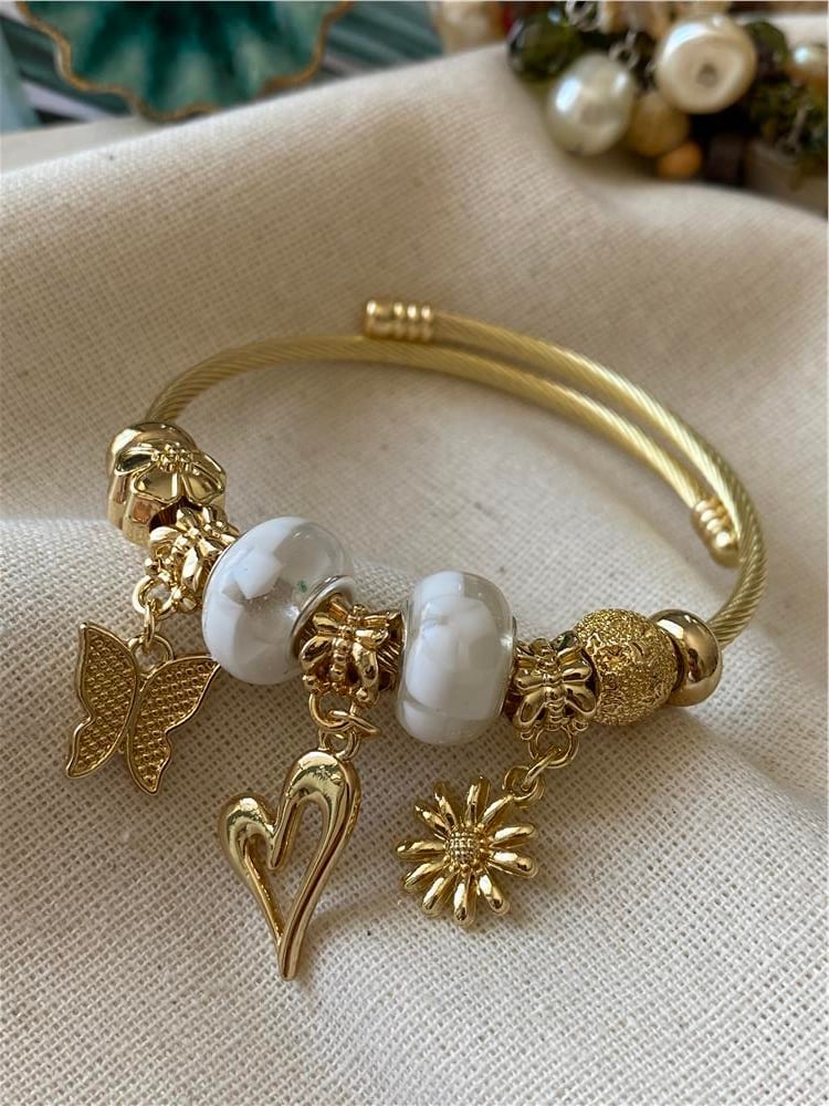 Çelik Beyaz Taşlı Kalp Charm Bileklik