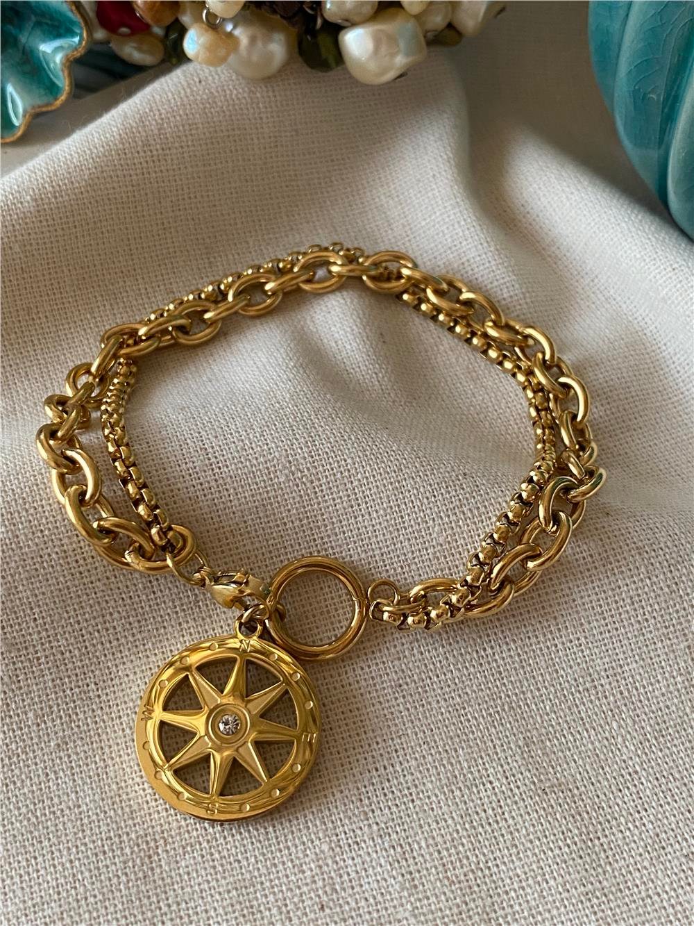 Çelik Çift Model Zincirli Pusula Bileklik