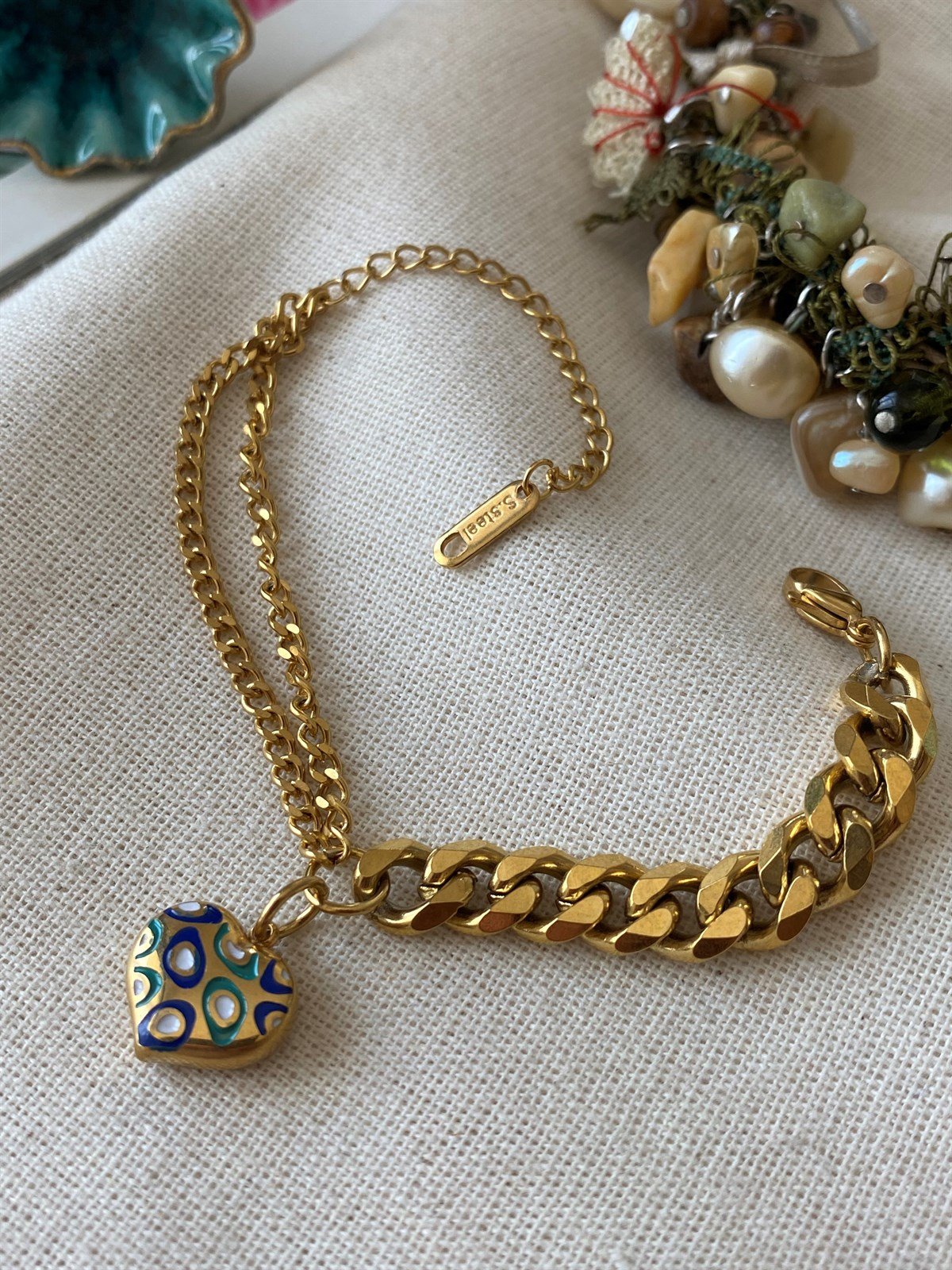 Çelik Çift Zincir Kalp Bileklik