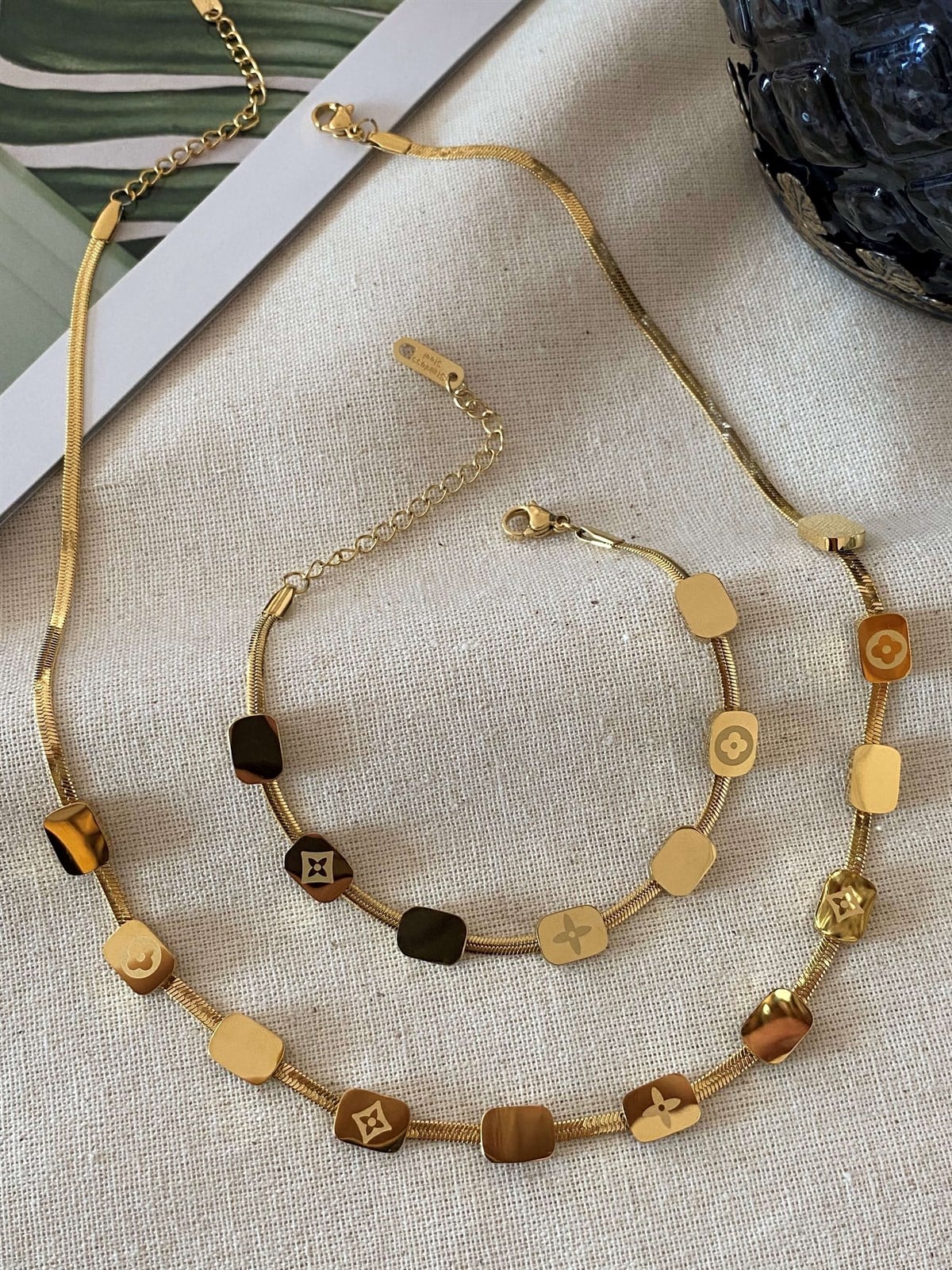 Çelik Cube LV Kolye Bileklik Set