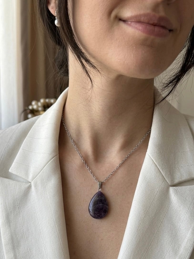 Çelik Damla Model Ametist Kolye