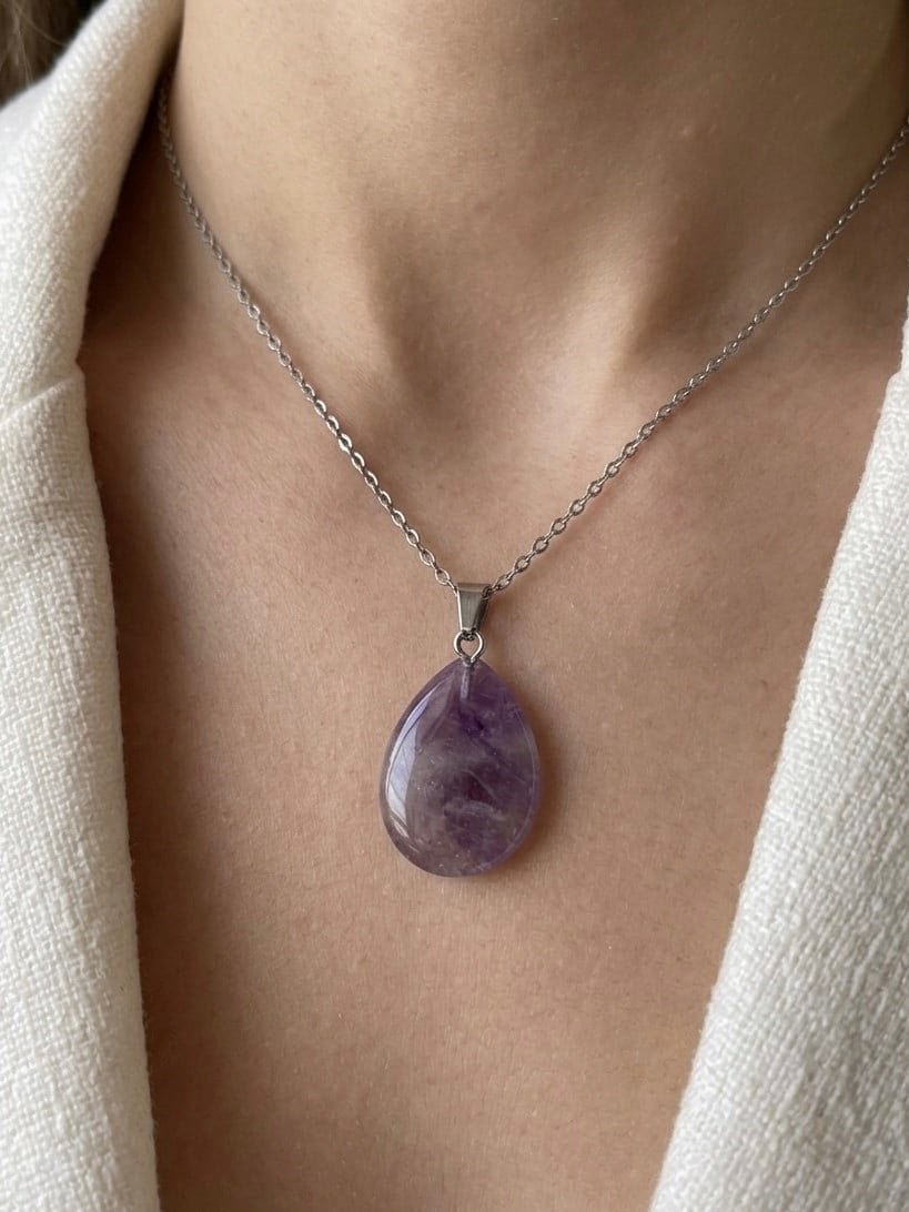 Çelik Damla Model Ametist Kolye