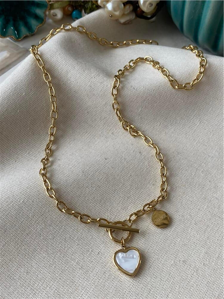 Çelik Gold Geçmeli Sedef Kalp Kolye