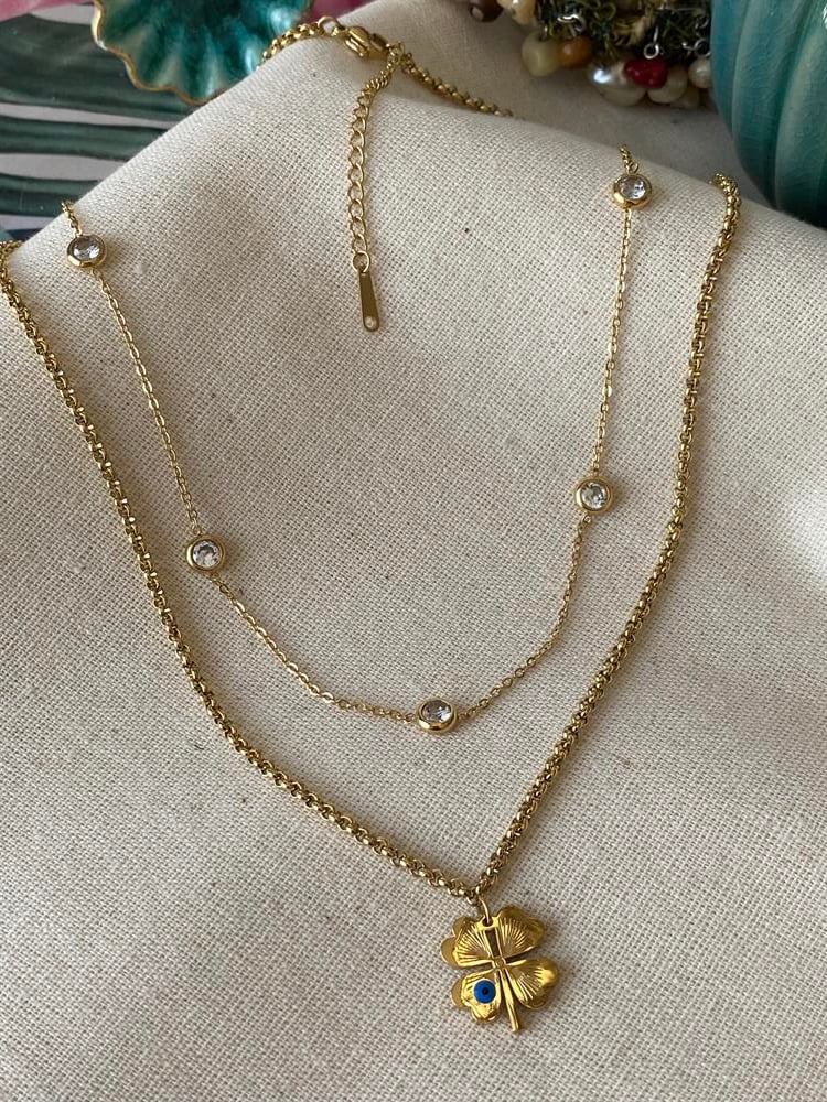 Çelik Gold İkili Nazar Yonca Kolye 