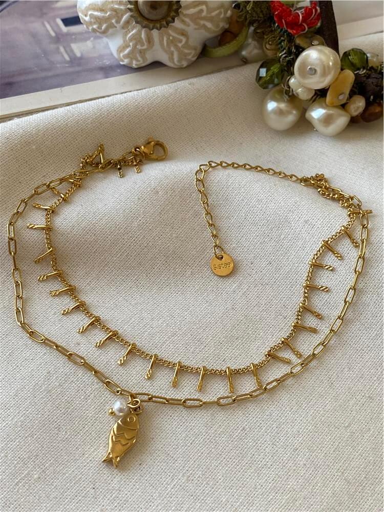 Çelik İkili İncili Balık Charmlı Halhal