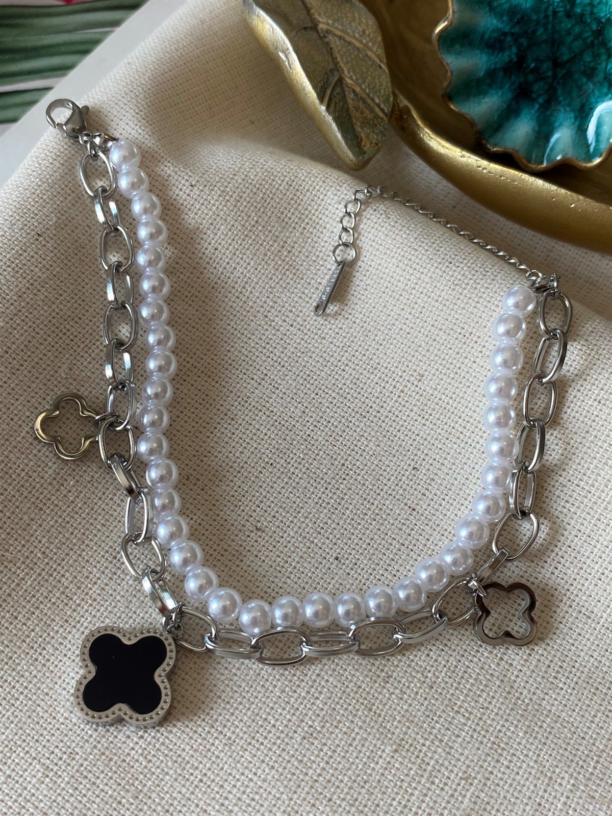 Çelik İkili İncili Yonca Bileklik