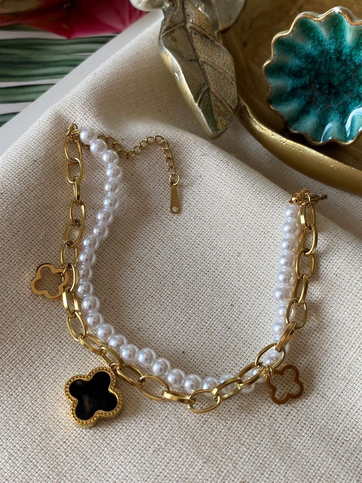 Çelik İkili İncili Yonca Bileklik