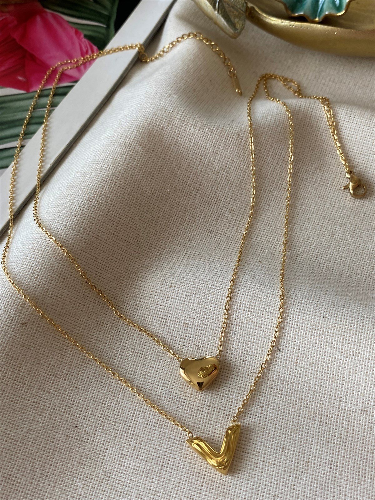 Çelik İkili Kalp V Kolye 