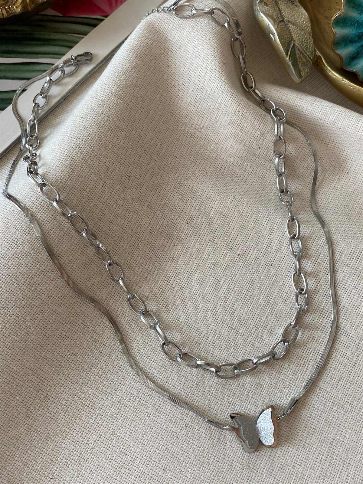 Çelik İkili Kelebek Kolye