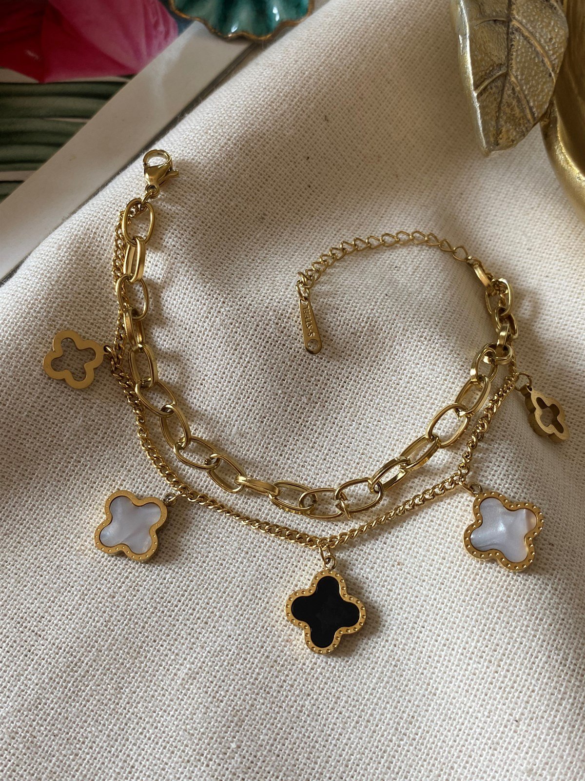 Çelik İkili Sedefli Yonca Bileklik