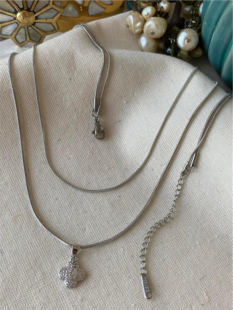 Çelik İkili Silver Taşlı Cleef Kolye