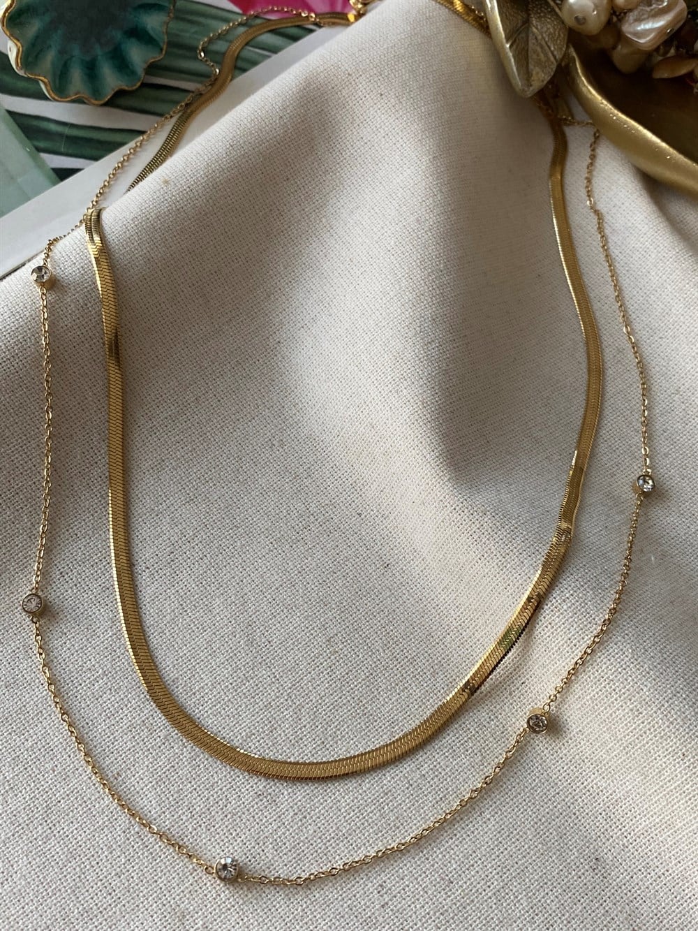 Çelik İkili Taşlı Kolye 60 cm 