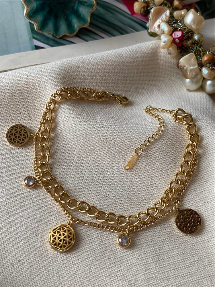 Çelik İkili Taşlı Yaşam Çiçeği Halhal