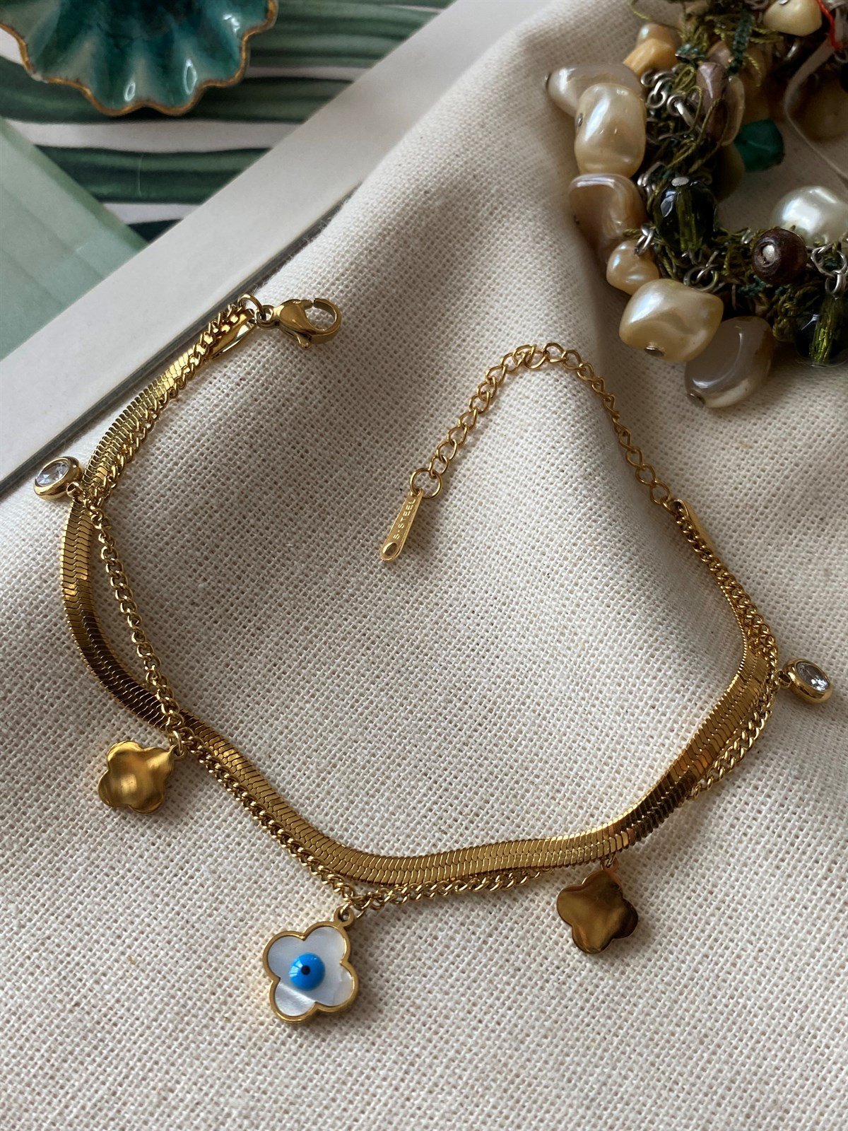 Çelik İkili Yonca Sedef Bileklik