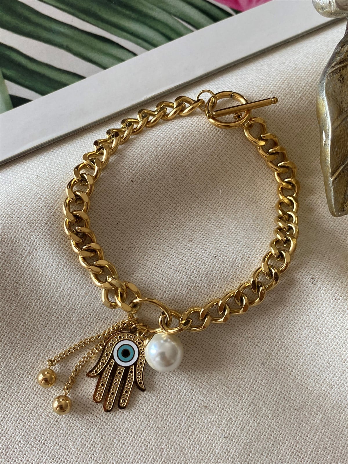 Çelik İncili Hamsa Bileklik