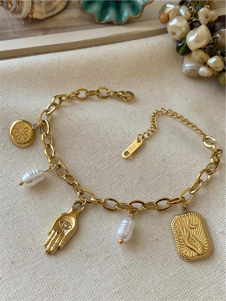 Çelik İncili Hamsa Eli Charmlı Bileklik