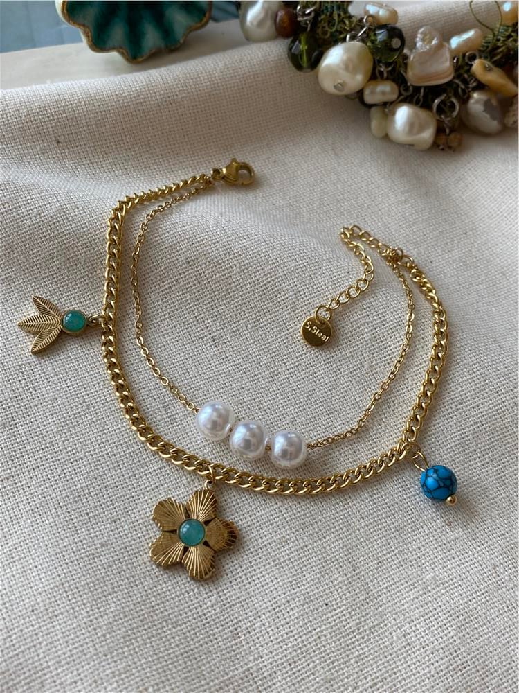 Çelik İncili Mavi Çiçek Bileklik