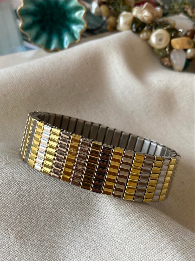 Çelik Kalın Gold Silver Esnek Bileklik