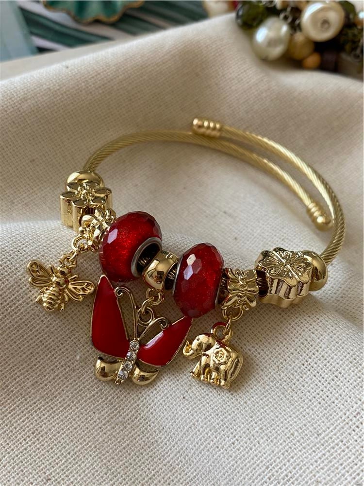 Çelik Kırmızı Taşlı Büyük Kelebek Charm Bileklik