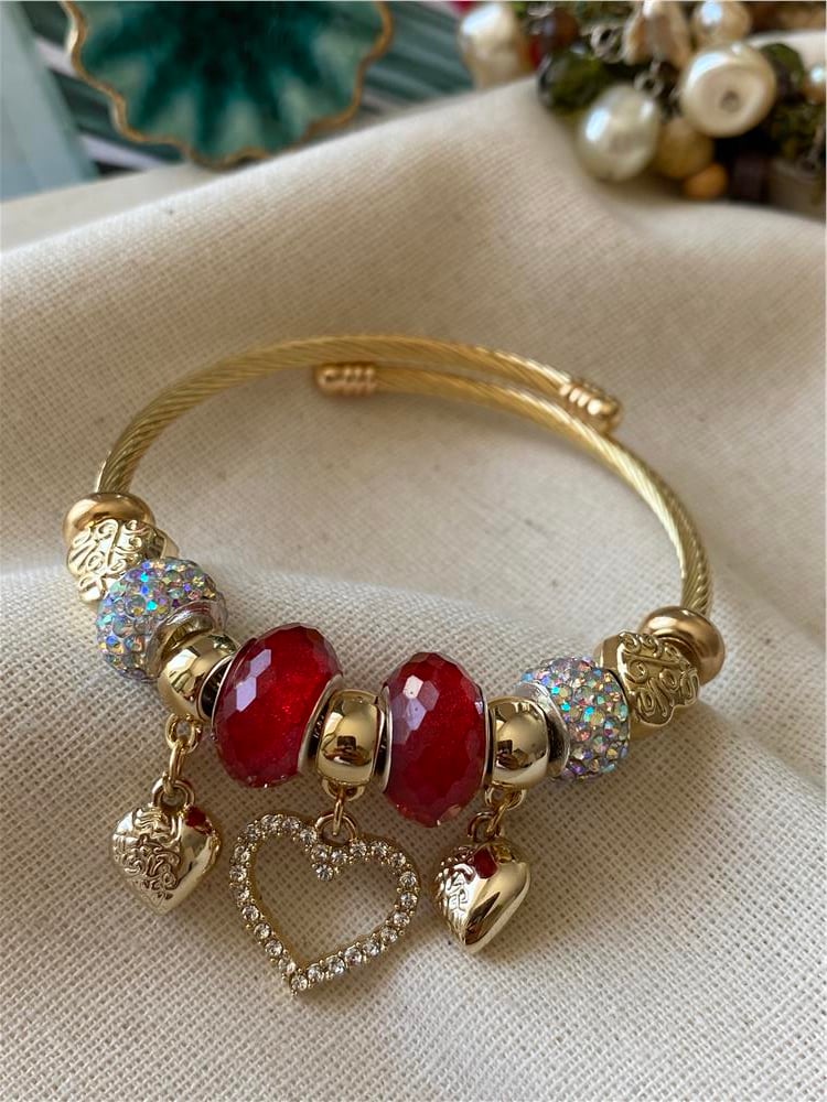 Çelik Kırmızı Taşlı Kalp Charm Bileklik