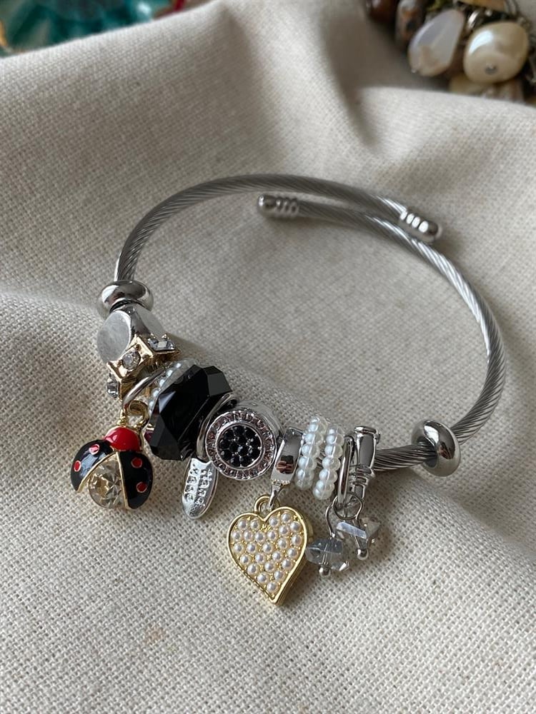 Çelik Kordonlu Uğur Böceği&Kalp Charmlı Bileklik