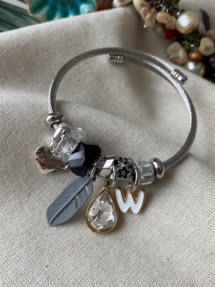 Çelik Kordonlu Yaprak&Damla Taş Charmlı Bileklik