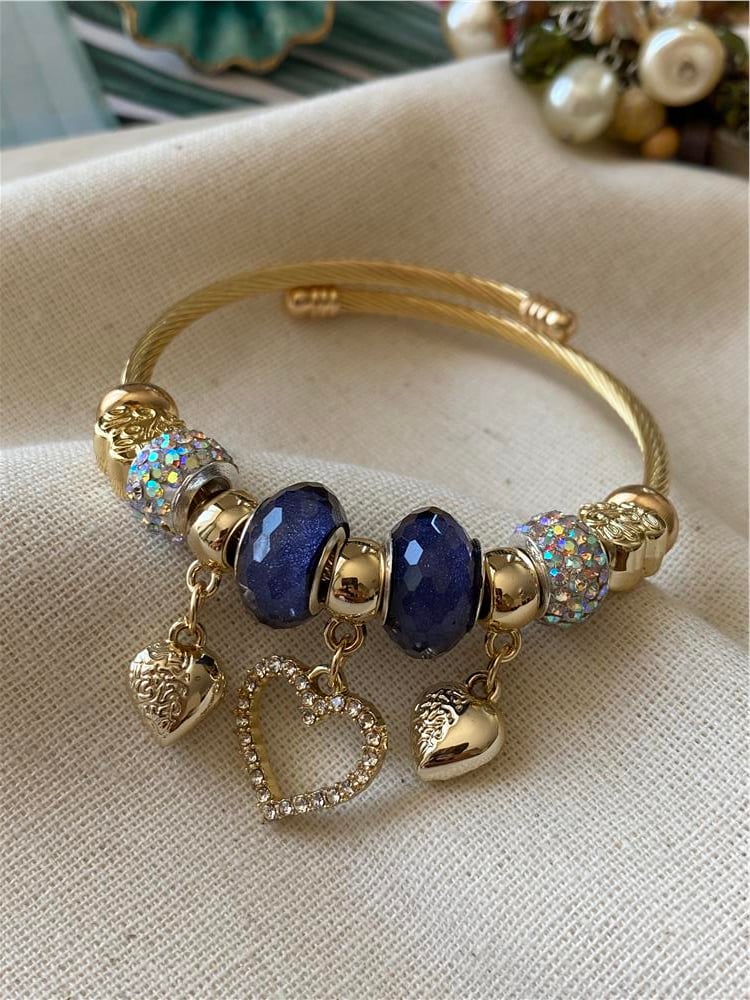 Çelik Lacivert Taşlı Kalp Charm Bileklik