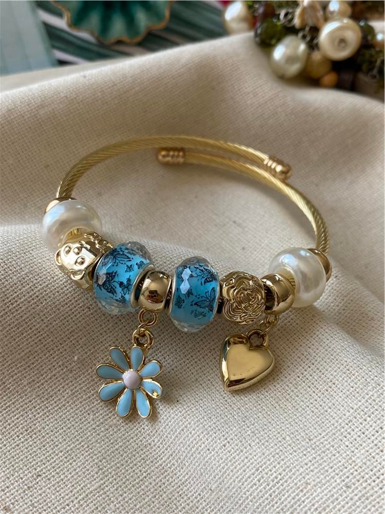 Çelik Mavi Çiçek Charm Bileklik