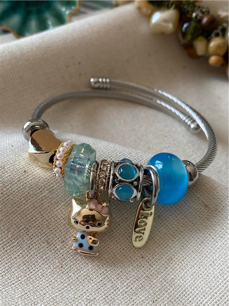 Çelik Mavi Hello Kity Charm Bileklik