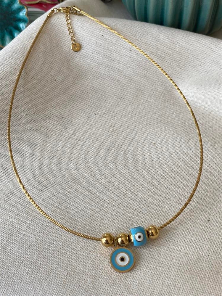 Çelik  Mavi Nazar Choker Kolye 