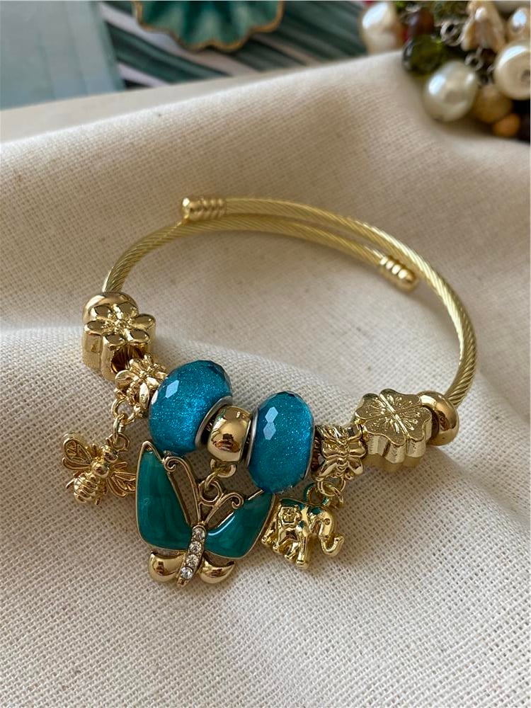 Çelik Mavi Taşlı Büyük Kelebek Charm Bileklik