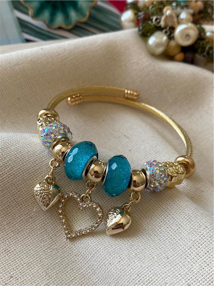 Çelik Mavi Taşlı Kalp Charm Bileklik