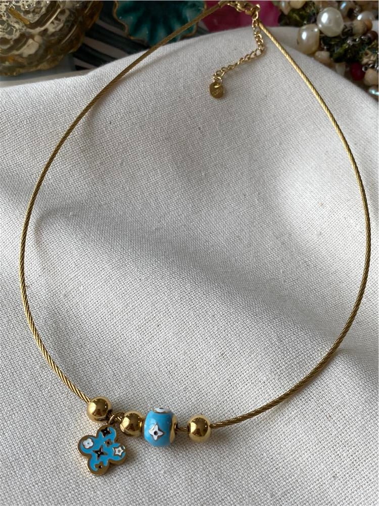 Çelik Mavi  Yonca Choker Kolye 