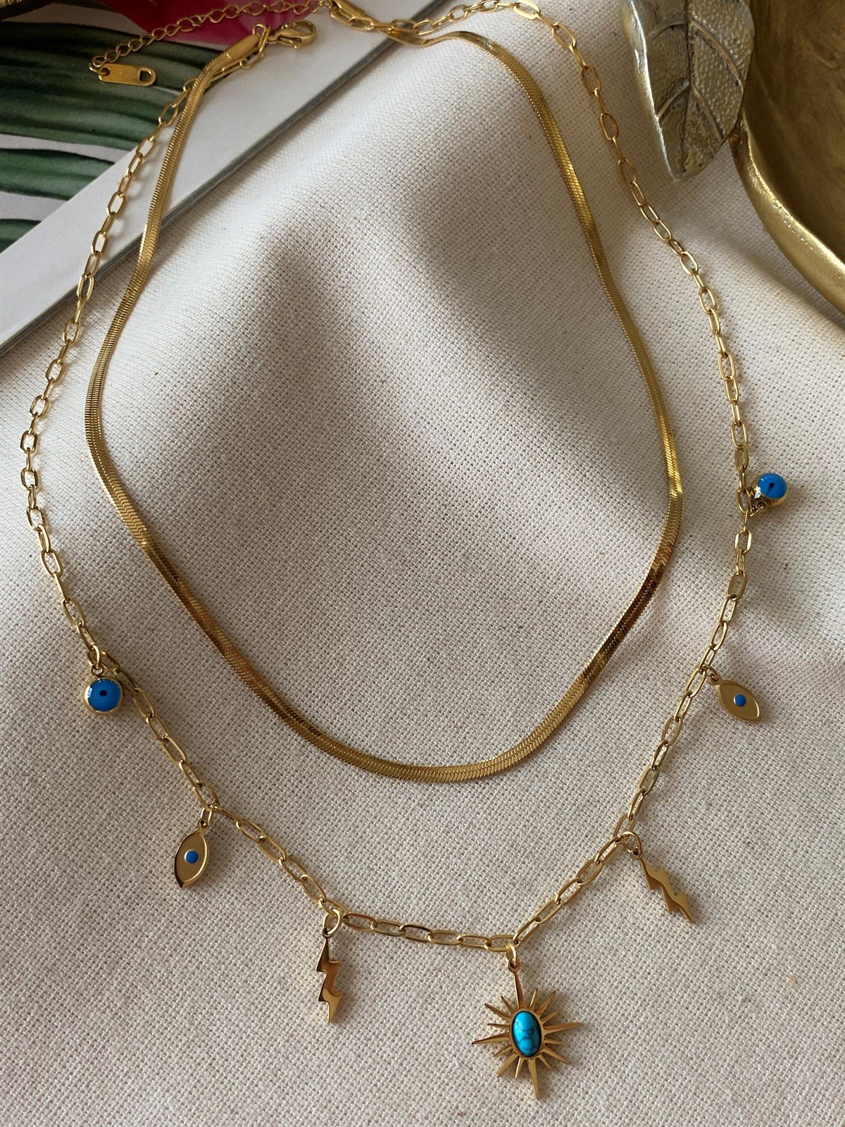 Çelik Mavili İkili Şimşek Kolye